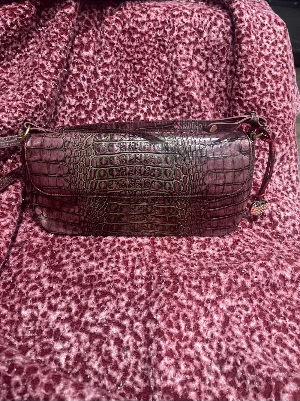 Brahmin Croc-Embossed Burgundy Leather Shoulder Bag